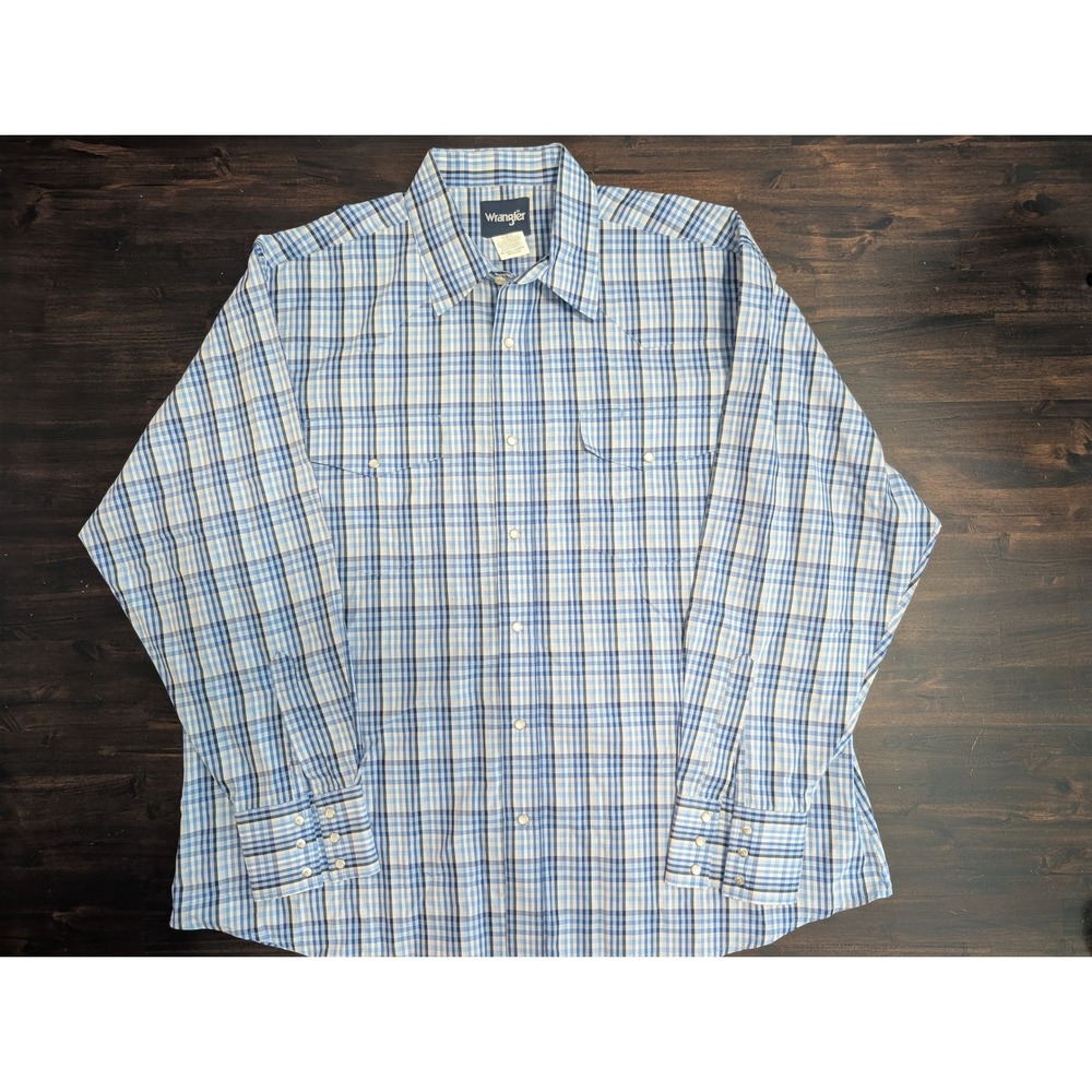 Wrangler Mens Blue Plaid Pearl Snap Western Shirt XXL Long Sleeve